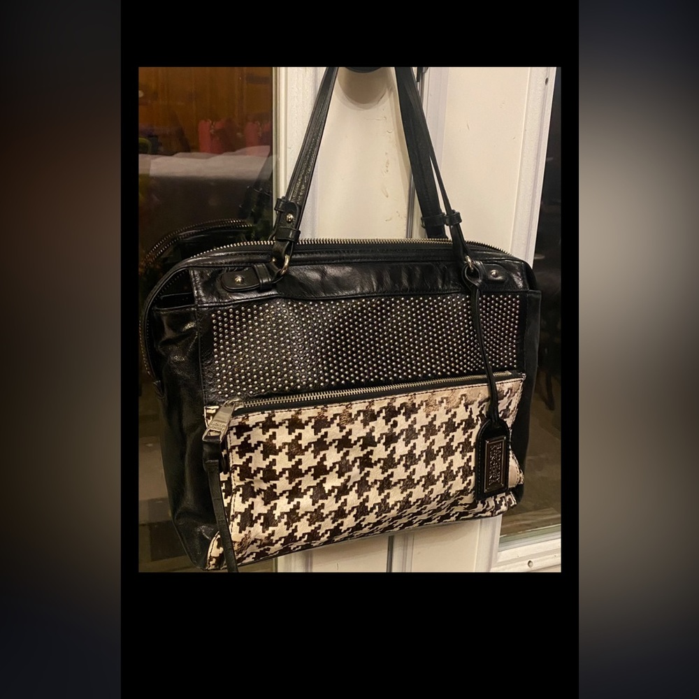 Badgley Mishka $400 Studded Black/ White Houndstooth Leather Shoulder Bag